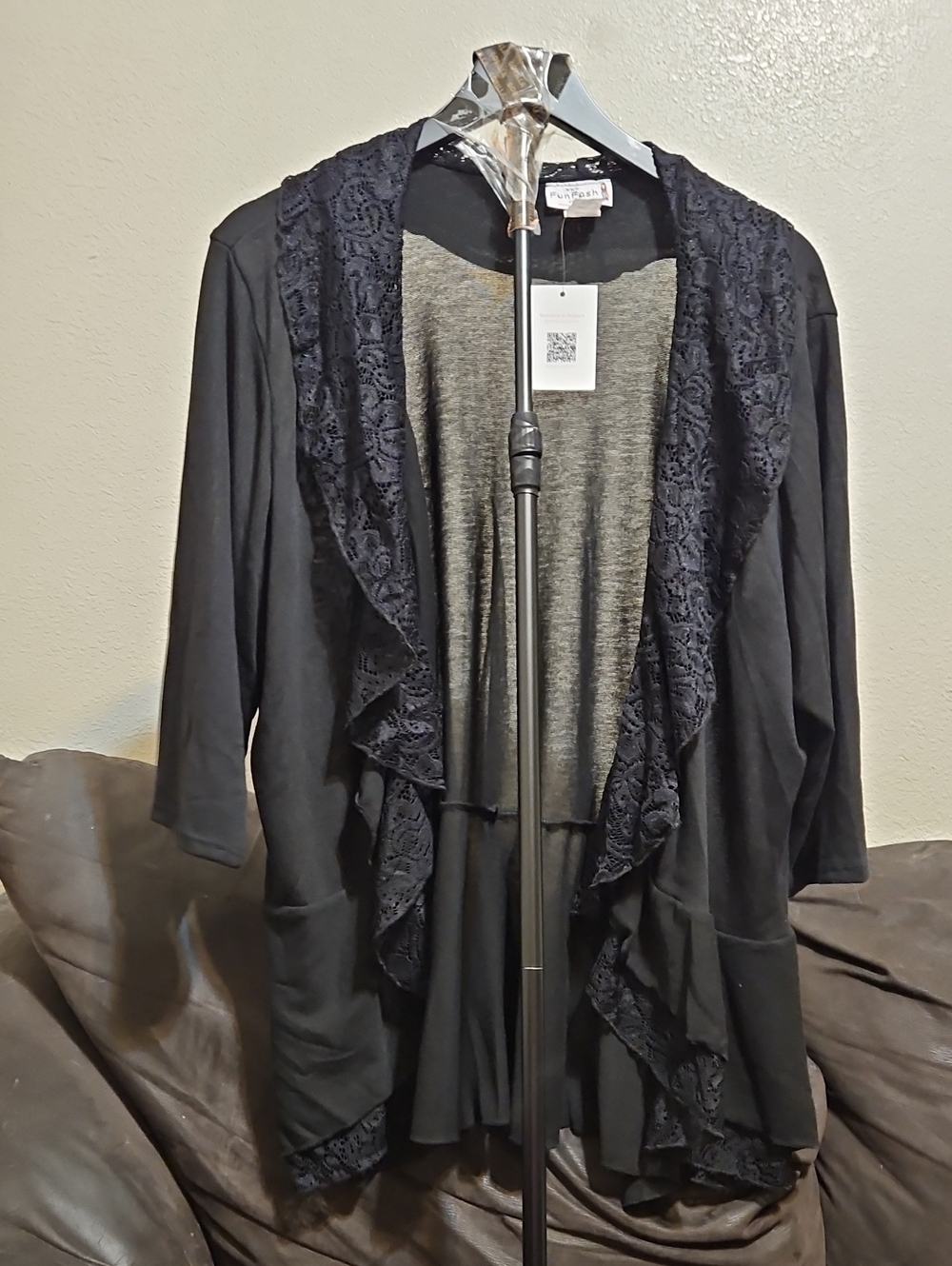 FunFash Black Lace-Trim Draped Cardigan